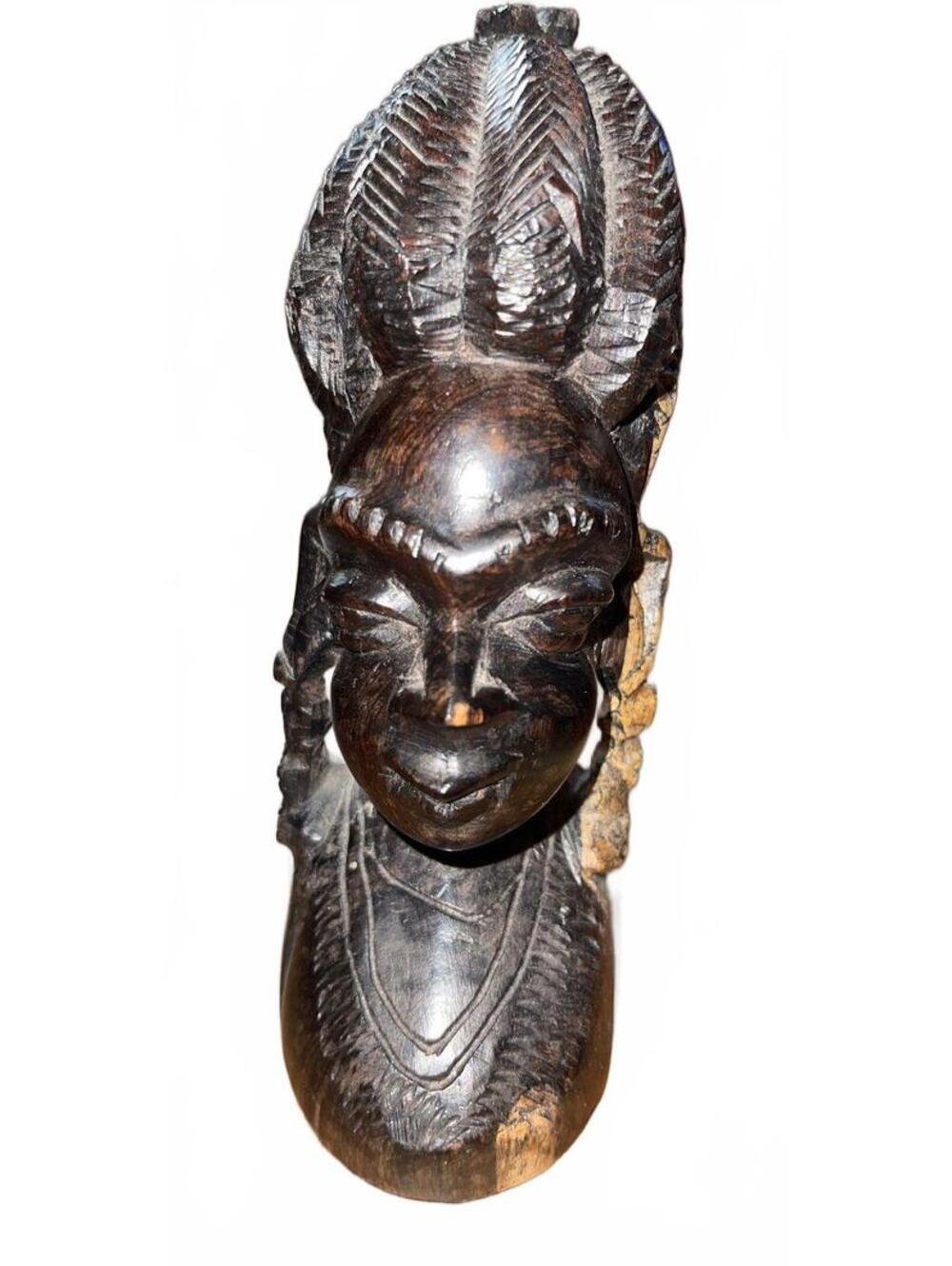 Vintage Hand Carved Wooden African Bust Sculpture Styled after the Sowei Mask